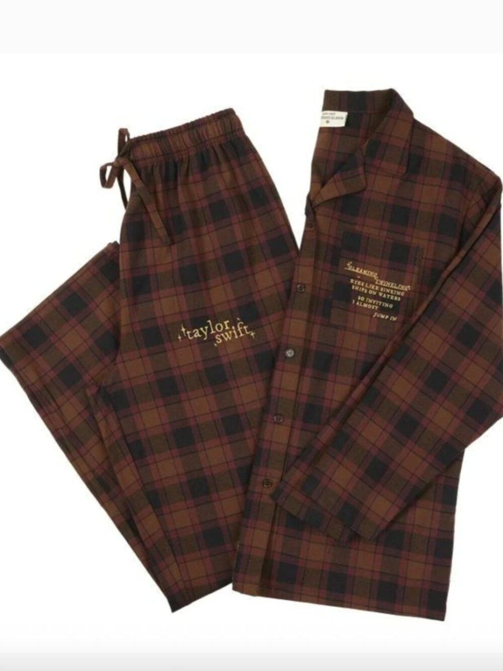 Taylor Swift Evermore Pajamas Medium PJ Womens Plaid Gold Rush Lyrics TS Merch